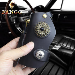 Handmade Leather Floral Mens Cool Car Key Wallet Coin Wallet Pouch Car KeyChain for Men - imessengerbags