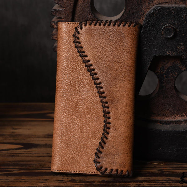 Handmade Leather Mens Cool Long Leather Wallet Trifold Clutch Wallet for Men - imessengerbags