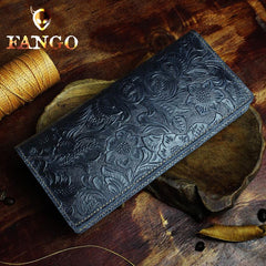 Handmade Leather Floral Mens Cool Travel Long Wallet Card Holder Card Slim Clutch Wallets for Men - imessengerbags