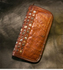 Handmade Leather Mens Chain Biker Wallet Cool Leather Wallet Long Phone Wallets for Men