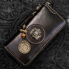 Handmade Leather Mahākāla Mens Chain Biker Wallet Cool Leather Wallet Long Clutch Wallets for Men