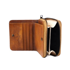 Genuine Leather Mens Cool Zipper Leather Wallet Men Small Wallets Bifold for Men - imessengerbags
