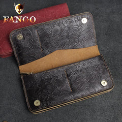 Handmade Leather Floral Mens Cool Travel Long Wallet Card Holder Card Slim Clutch Wallets for Men - imessengerbags