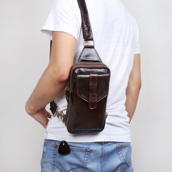 Genuine Leather Mens Cool Chest Bag Sling Bag Crossbody Bag Travel Bag Hiking Bag for men - imessengerbags