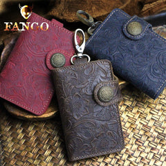 Handmade Leather Floral Mens Cool Key Wallet Wallet Card Holder Small Card Keychain Wallets for Men