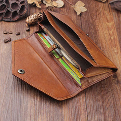 Handmade Leather Mens Cool Long Leather Wallet Bifold Envelope Clutch Wallet for Men