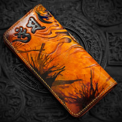 Handmade Leather Men Tooled Tibetan Pestle Cool Leather Wallet Long Phone Wallets for Men - imessengerbags