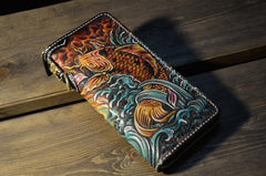 Handmade Leather Carp Mens Chain Biker Wallet Cool Leather Wallet Long Phone Wallets for Men