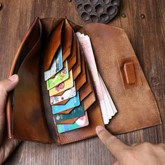 Handmade Leather Gray Mens Cool Long Leather Wallet Brown Unique Long Wallet for Men - imessengerbags