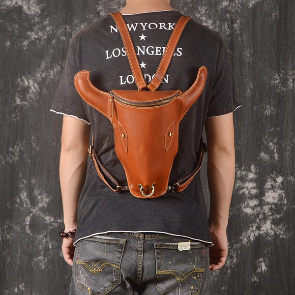 Handmade Leather Mens Cool XO Bull Backpack Sling Bag Black Travel Bag Hiking Bag for men - imessengerbags