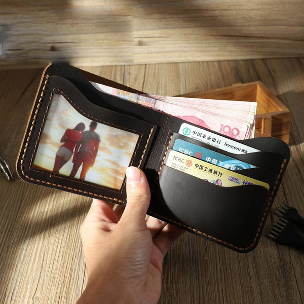 Handmade Slim Black Leather Mens Billfold Wallets Personalize Bifold Small Wallets for Men