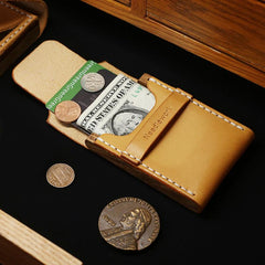 Handmade Wooden Brown Leather Mens Wallet Small Card Holder Coin Wallet for Men - imessengerbags