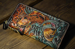 Handmade Leather Carp Mens Chain Biker Wallet Cool Leather Wallet Long Phone Wallets for Men