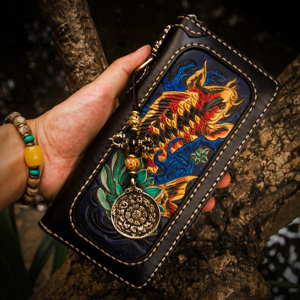 Handmade Leather Carp Mens Chain Biker Wallet Cool Leather Wallet Long Phone Wallets for Men - imessengerbags