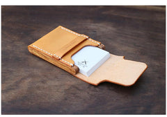 Handmade Wooden Brown Leather Mens Wallet Small Card Holder Coin Wallet for Men - imessengerbags