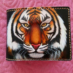 Handmade Leather Tiger Tooled Mens billfold Wallet Cool Leather Wallet Slim Wallet for Men - imessengerbags