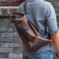 Genuine Leather Mens Cool Chest Bag Sling Bag Crossbody Bag Travel Bag Hiking Bag for men