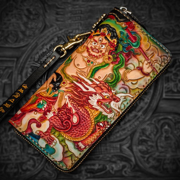 Handmade Leather Tooled White Jambhala Mens Chain Biker Wallet Cool Leather Wallet Zipper Long Phone Wallets for Men - imessengerbags