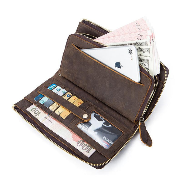 Vintage Cool Leather Mens Long Wallet Zipper Bifold Wallet Clutch Wallet For Men - imessengerbags