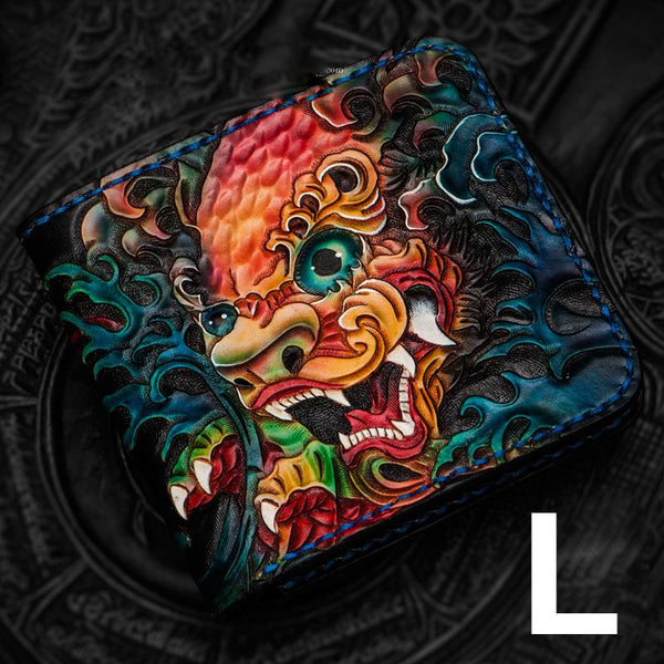 Handmade Leather Tooled Chinese Lion Mens billfold Wallet Cool Slim Wallet Biker Wallet for Men - imessengerbags