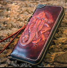 Handmade Leather Mens Chain Biker Wallet Cool Tooled Ganesha Wallet Long Phone Wallets for Men