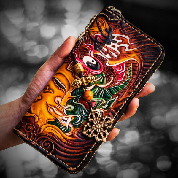 Handmade Leather Mens Tooled Buddha&Demon Chain Biker Wallet Cool Leather Wallet Long Clutch Wallets for Men - imessengerbags