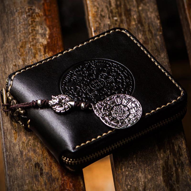 Handmade Leather Tibetan Tooled Mens billfold Wallet Cool Chain Wallet Biker Wallet for Men - imessengerbags