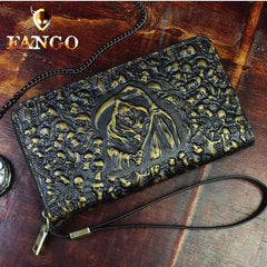 Handmade Leather Mens Tooled Skull Death Cool Zipper Phone Travel Long Wallet Card Holder Card Slim Clutch Wallets for Men - imessengerbags