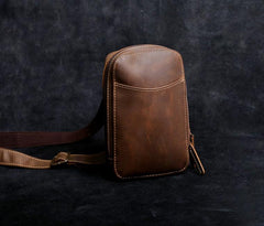 Handmade Leather Mens Cool Chest Bag Sling Bag Crossbody Bag Travel Bag Hiking Bag for men