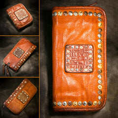 Handmade Leather Mens Chain Biker Wallet Cool Leather Wallet Long Phone Wallets for Men