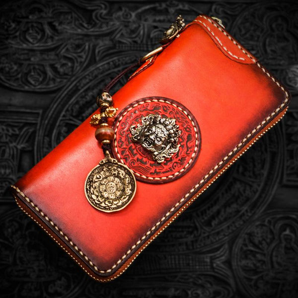 Handmade Leather Mahākāla Mens Chain Biker Wallet Cool Leather Wallet Long Clutch Wallets for Men - imessengerbags