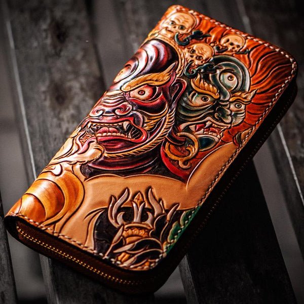 Handmade Leather Tooled Mahākāla Mens Zipper Wallet Cool Leather Wristlet Wallet for Men - imessengerbags