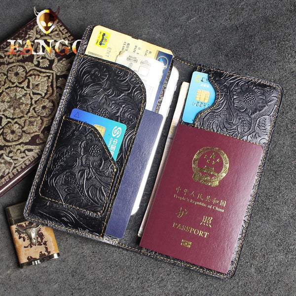 Handmade Leather Floral Mens Cool Travel Long Wallet Passport Card Holder Card Slim Wallets for Men - imessengerbags