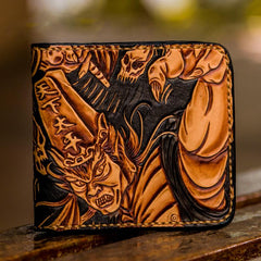 Handmade Leather Chinese Black&White Tooled Mens billfold Wallet Cool Leather Wallet Slim Wallet for Men - imessengerbags