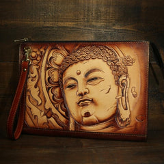 Handmade Leather Tooled Mens Cool Long Leather iPad Bag Wristlet Clutch Wallet for Men - imessengerbags