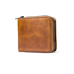 Genuine Leather Mens Cool Zipper Leather Wallet Men Small Wallets Bifold for Men - imessengerbags