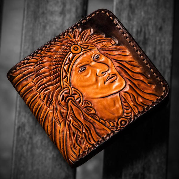 Handmade Leather Indian Chief Tooled Mens billfold Wallet Cool Leather Wallet Slim Wallet for Men - imessengerbags