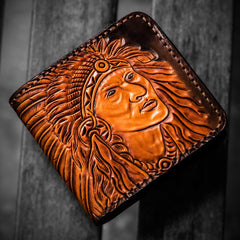 Handmade Leather Indian Chief Tooled Mens billfold Wallet Cool Leather Wallet Slim Wallet for Men - imessengerbags