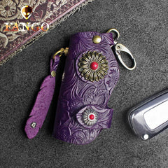 Handmade Leather Floral Mens Cool Car Key Wallet Coin Wallet Pouch Car KeyChain for Men - imessengerbags