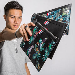 Handmade Leather Mens Clutch Birds Cool Slim Wallet Zipper Clutch Wristlet Wallet for Men