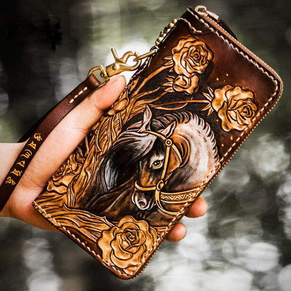 Handmade Leather Tooled Horse Mens Chain Biker Wallet Cool Leather Wallet Long Phone Wallets for Men - imessengerbags