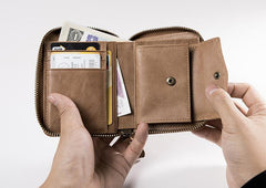 Handmade Leather Mens Cool Slim Leather Zipper Wallet Men Small Wallets Bifold for Men - imessengerbags