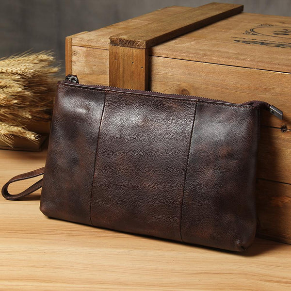 Cool Leather Mens Clutch Wristlet Bag Handmade Vintage Zipper Clutch for Men - imessengerbags