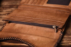 Handmade Leather Mens Cool Long Leather Wallet Trifold Clutch Wallet for Men