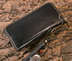 Handmade Leather Mens Chain Biker Wallet Cool Tooled Ganesha Wallet Long Phone Wallets for Men