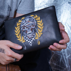 Handmade Leather Mens Clutch Cool Slim Wallet Zipper Clutch Wristlet Wallet for Men