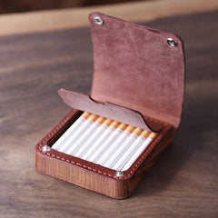 Handmade Wooden Coffee Leather Mens 20pcs Cigarette Case Cool Custom Cigarette Holder for Men