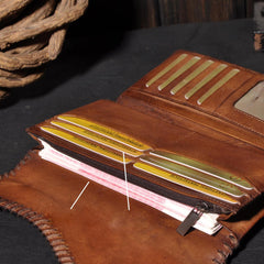 Handmade Leather Mens Cool Long Leather Wallet Trifold Clutch Wallet for Men