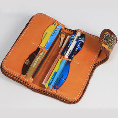 Handmade Mens Tooled God Mahakala Leather Chain Wallet Biker Trucker Wallet with Chain