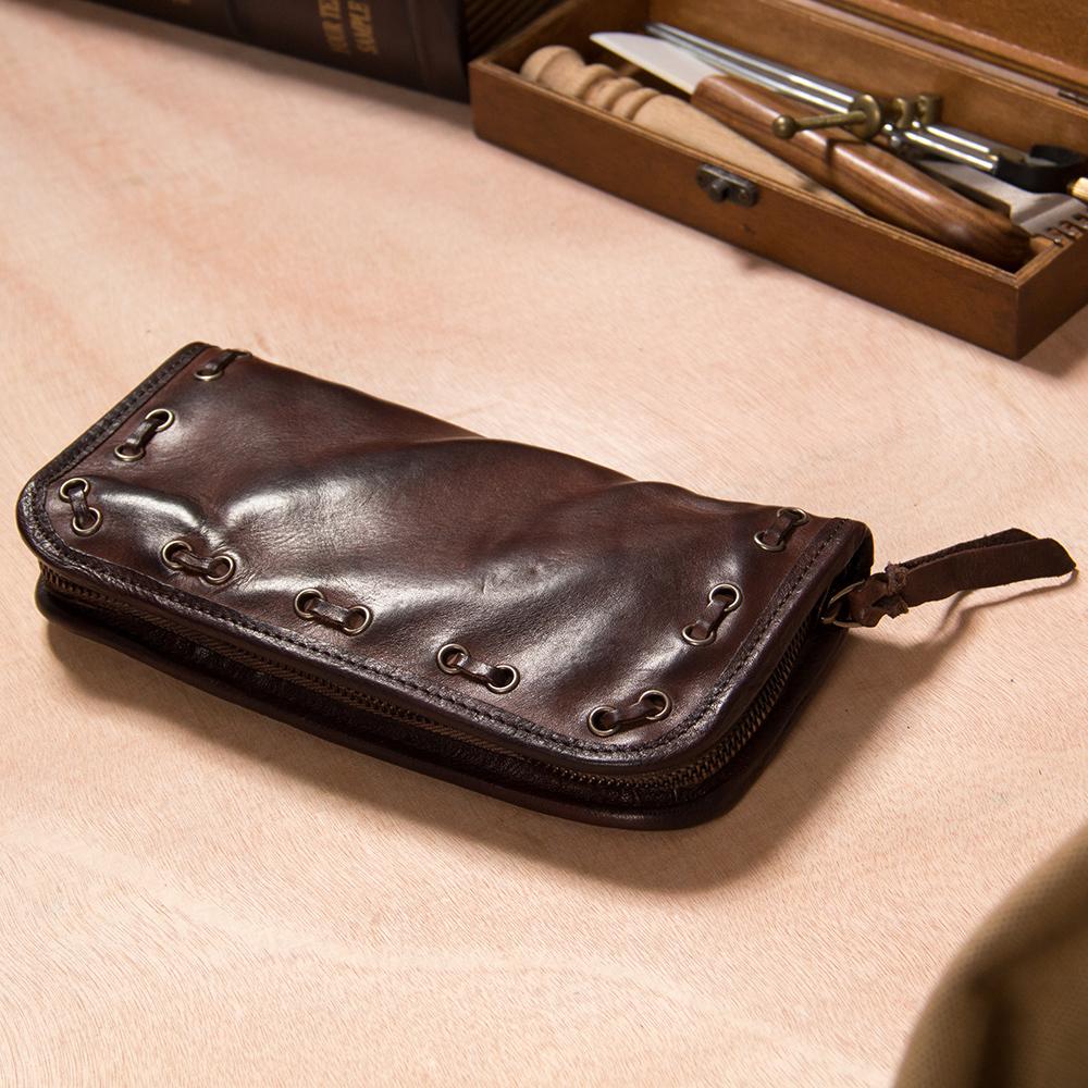 Cool Handmade Leather Mens Clutch Coffee Vintage Zipper Wallet for Men